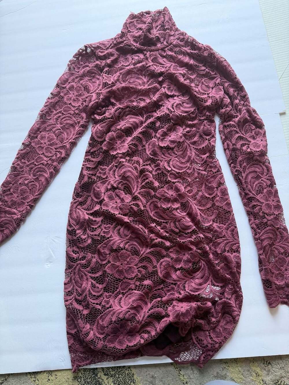 Socialite Mock Neck Long Sleeve Lace Mini Dress in Berry